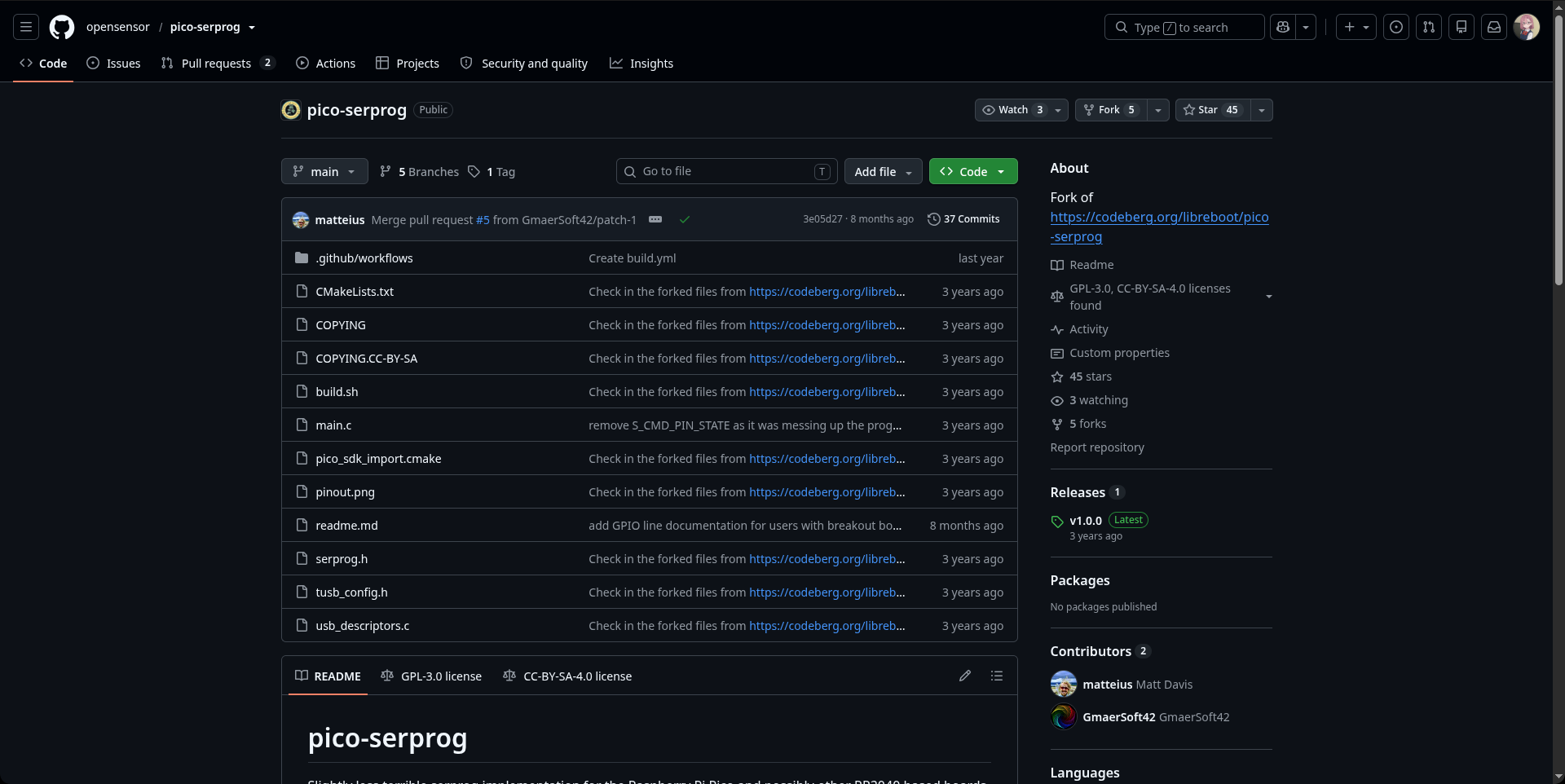 Pico serprog GitHub page screenshot